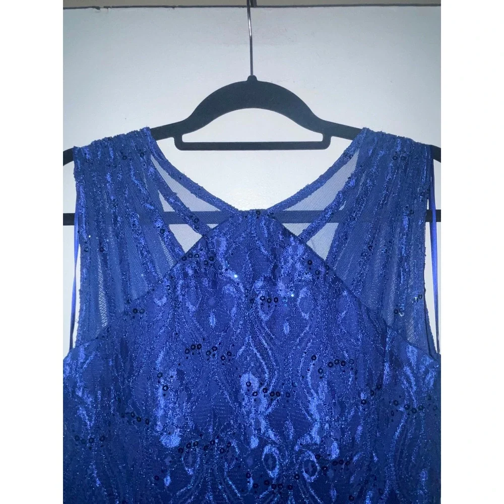 R&M Richards Royal Blue Sequin Lace Gown Sleeveless Formal Dress Size 12